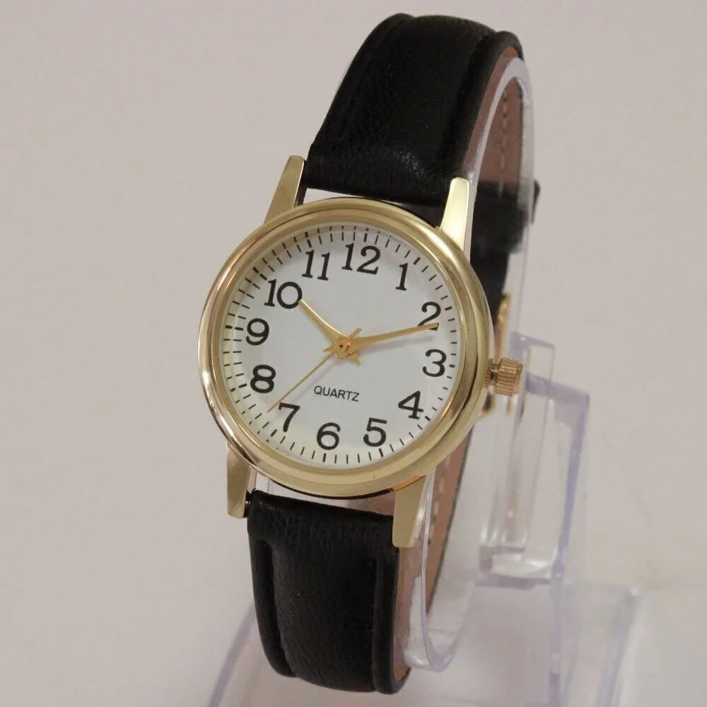 Ladies Easy Reader Dress Quartz Watch Gold-toned Black Strap White Dial 28mm
